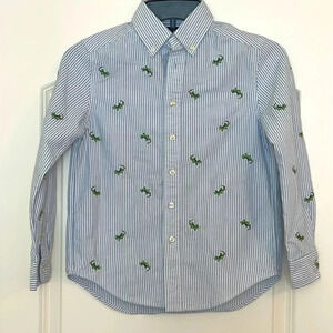 Ralph Lauren Boys Blue White Striped Button-Down Shirt with Green Embroidery